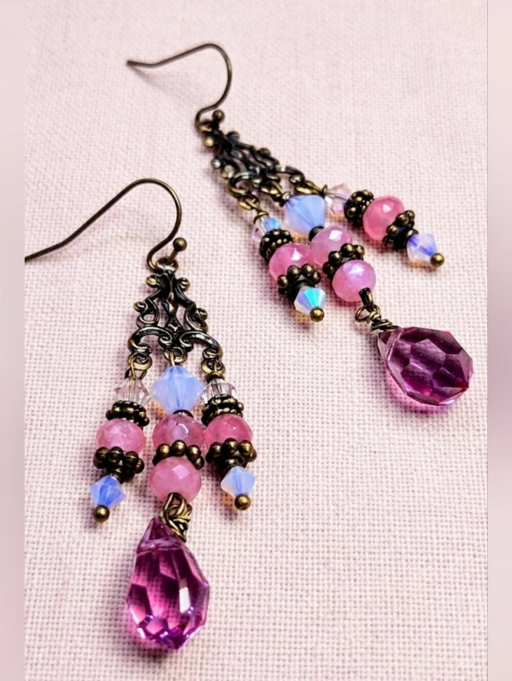 FIESTA Pink Glass & Crystal In Artisan Antique Bronze Victorian Style Earrings